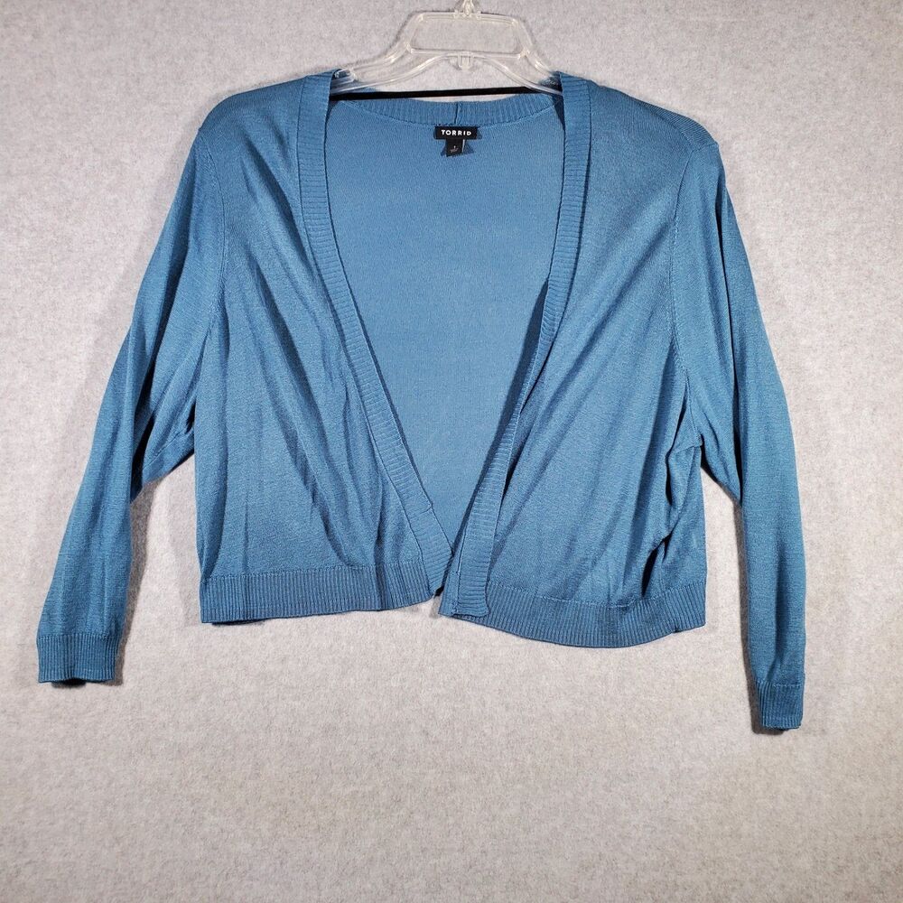 Torrid Cropped Shrug Cardigan Tissue Size 1X Blue Teal Open Front 3/4 Sleeve
